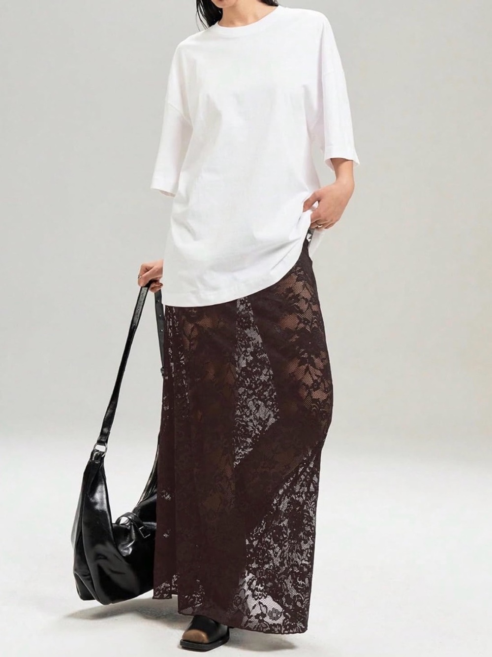 Women's Brown Lace Maxi Skirt - Sheer A-Line Overlay